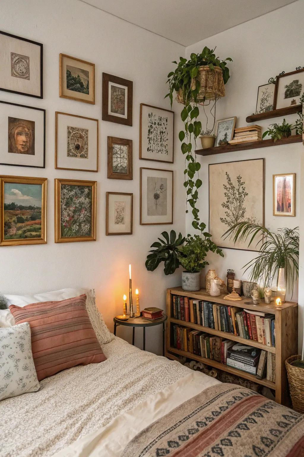 A display of art contributes character and expresses personal style in a shabby chic bedroom.