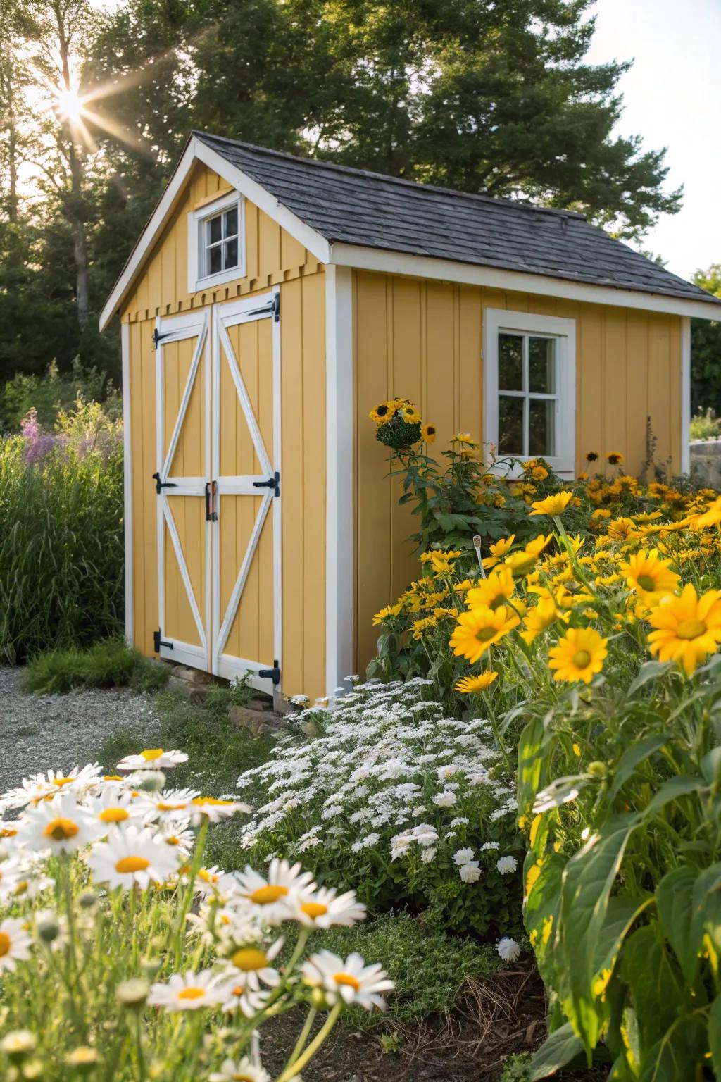 A sunshine yellow shed that brightens up any garden.