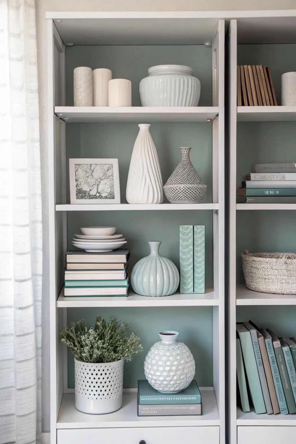 Achieve sleek style with a monochrome shelf decor.
