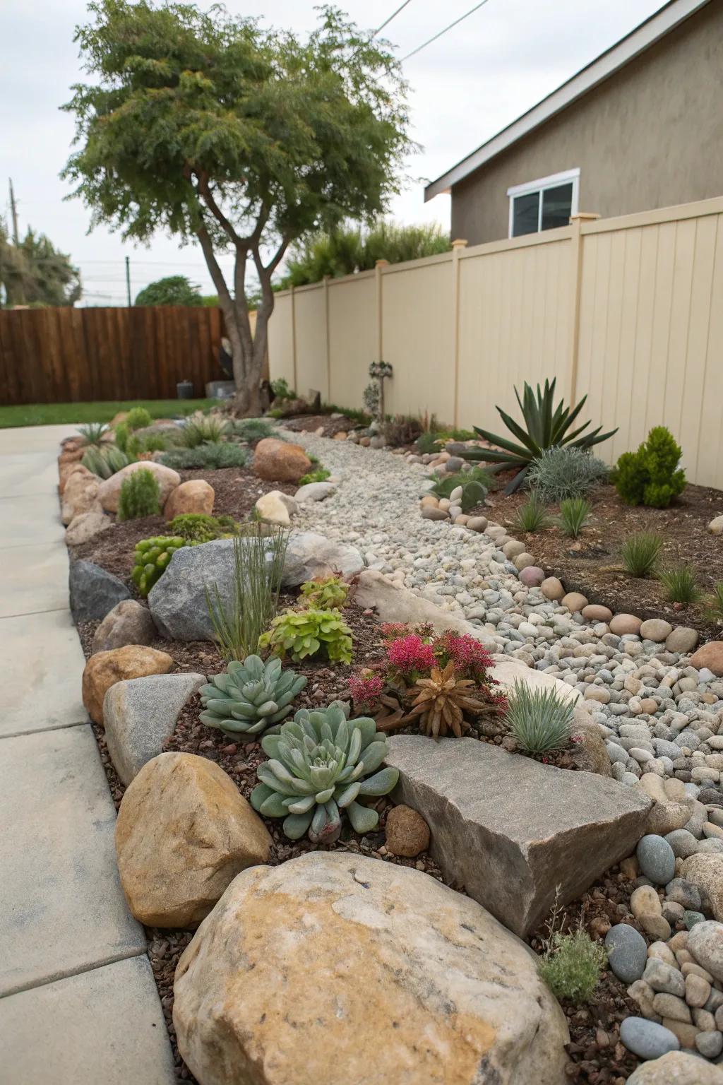 A stone garden provides contemporary aesthetics and easy care.