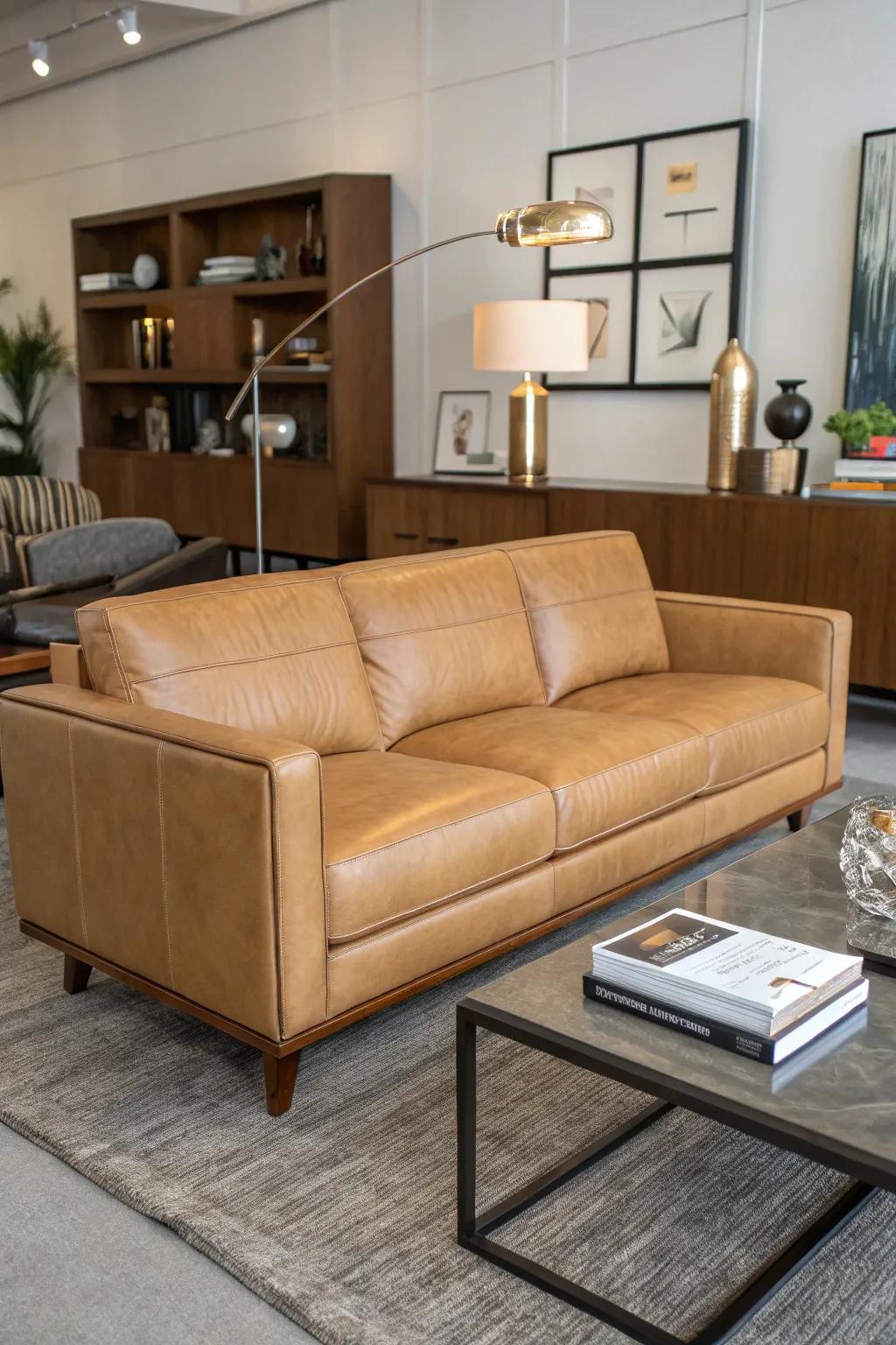 Mid-century contemporary elements enhance a tawny hide couch.