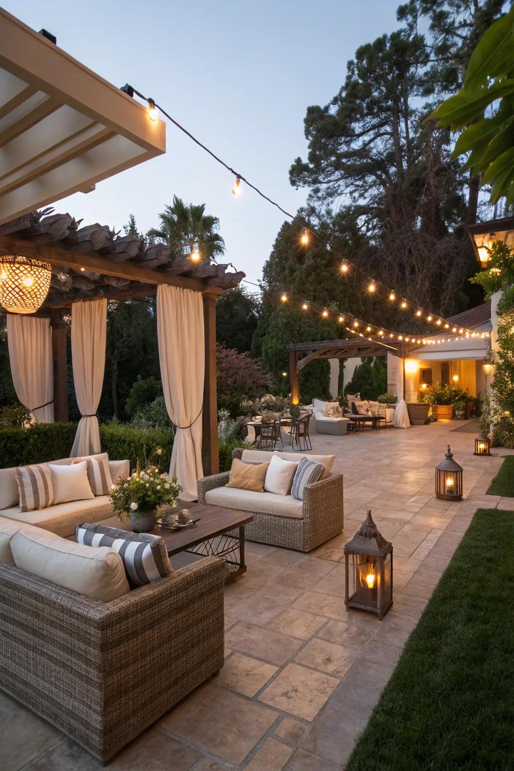 Welcoming out-of-doors patio illuminated by modern rail illumination.