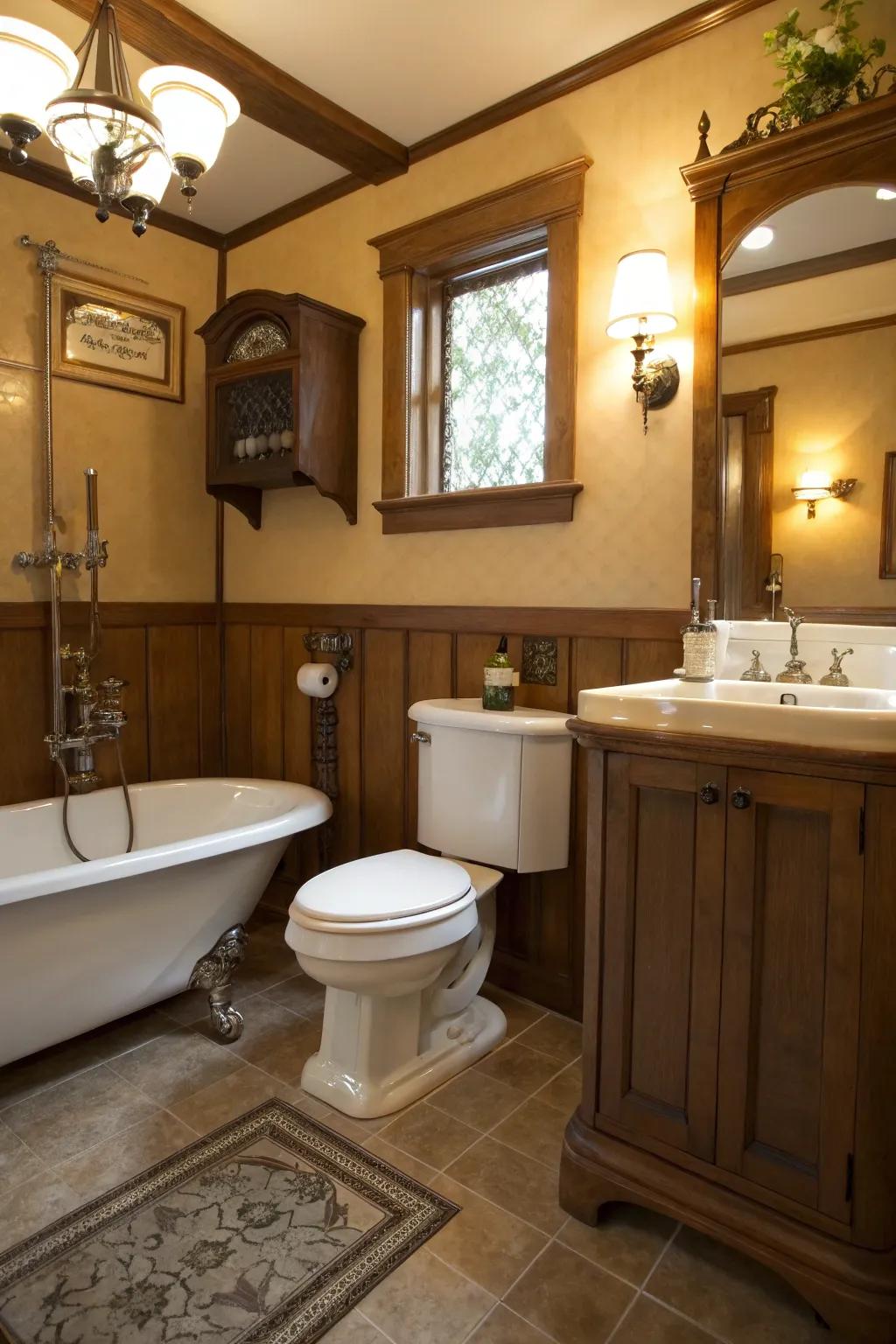 A high tank toilet infuses historical charm.