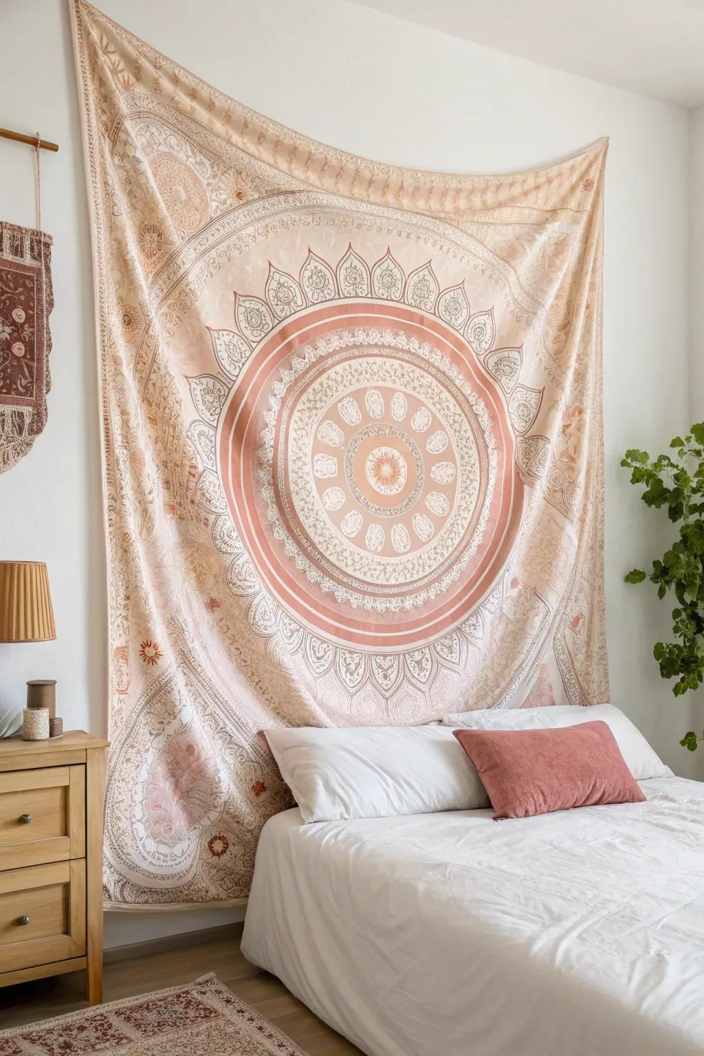 A fabric tapestry imparting a subtle touch to a bedroom.