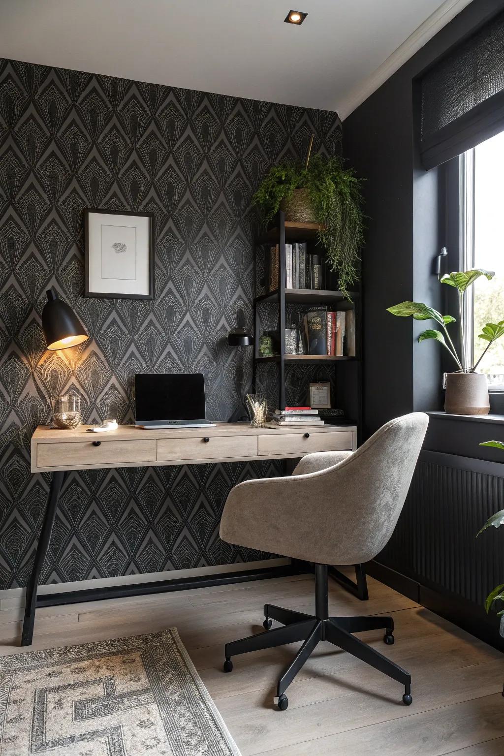 Intense wall covering creates a visually stimulating office environment.