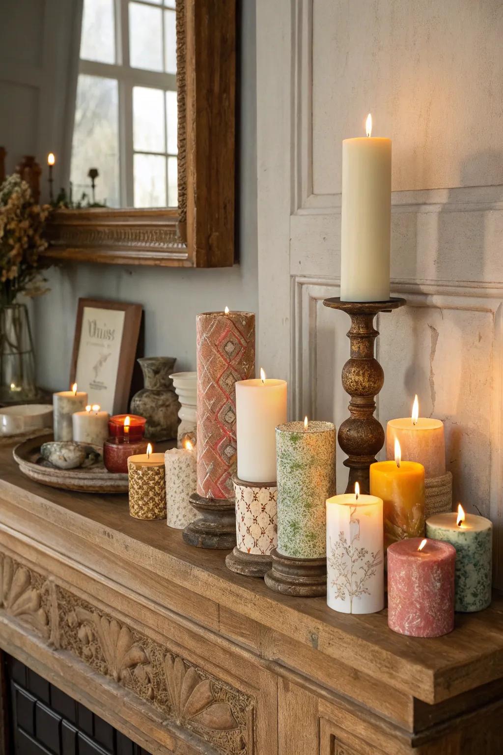 An assorted array of candles conjures a snug and inviting luminescence.