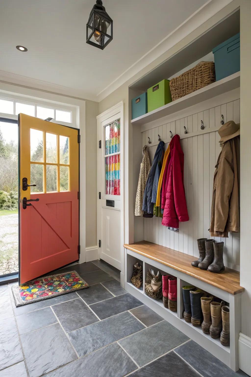 Mudroom with a colorful Dutch entrance enhancing the space.