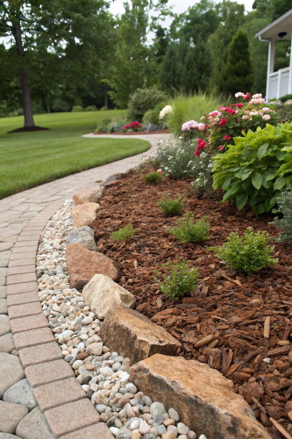 Ornamental gravel lends texture to mulch borders.