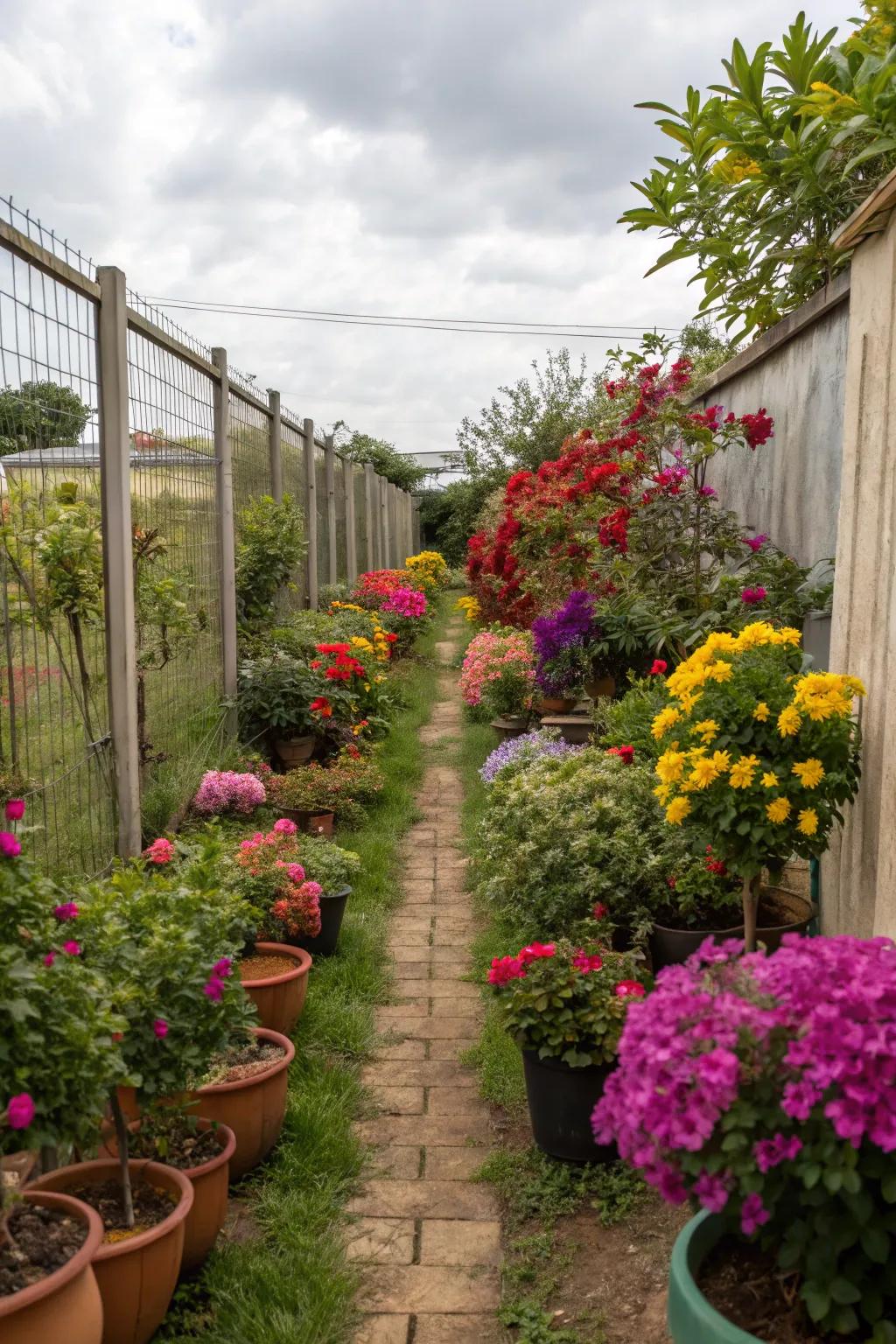 Receptacle gardening offers vibrant adaptability in a narrow dimension.
