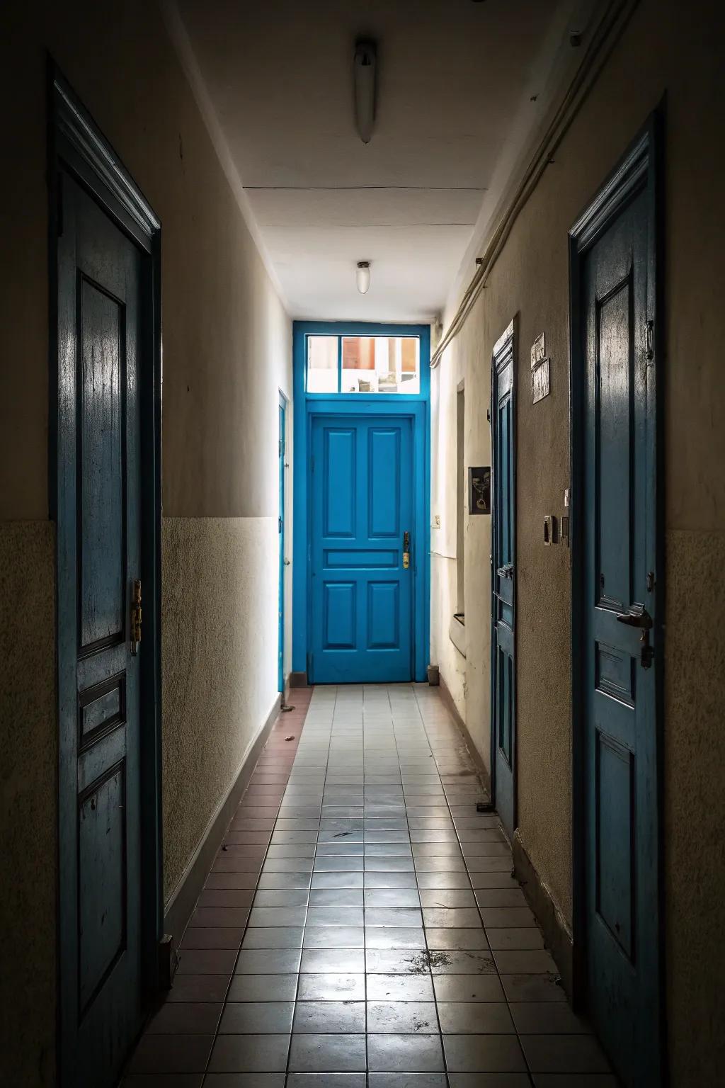 An adventurous access coloring appends personality and a point of focus to a slender entryway.