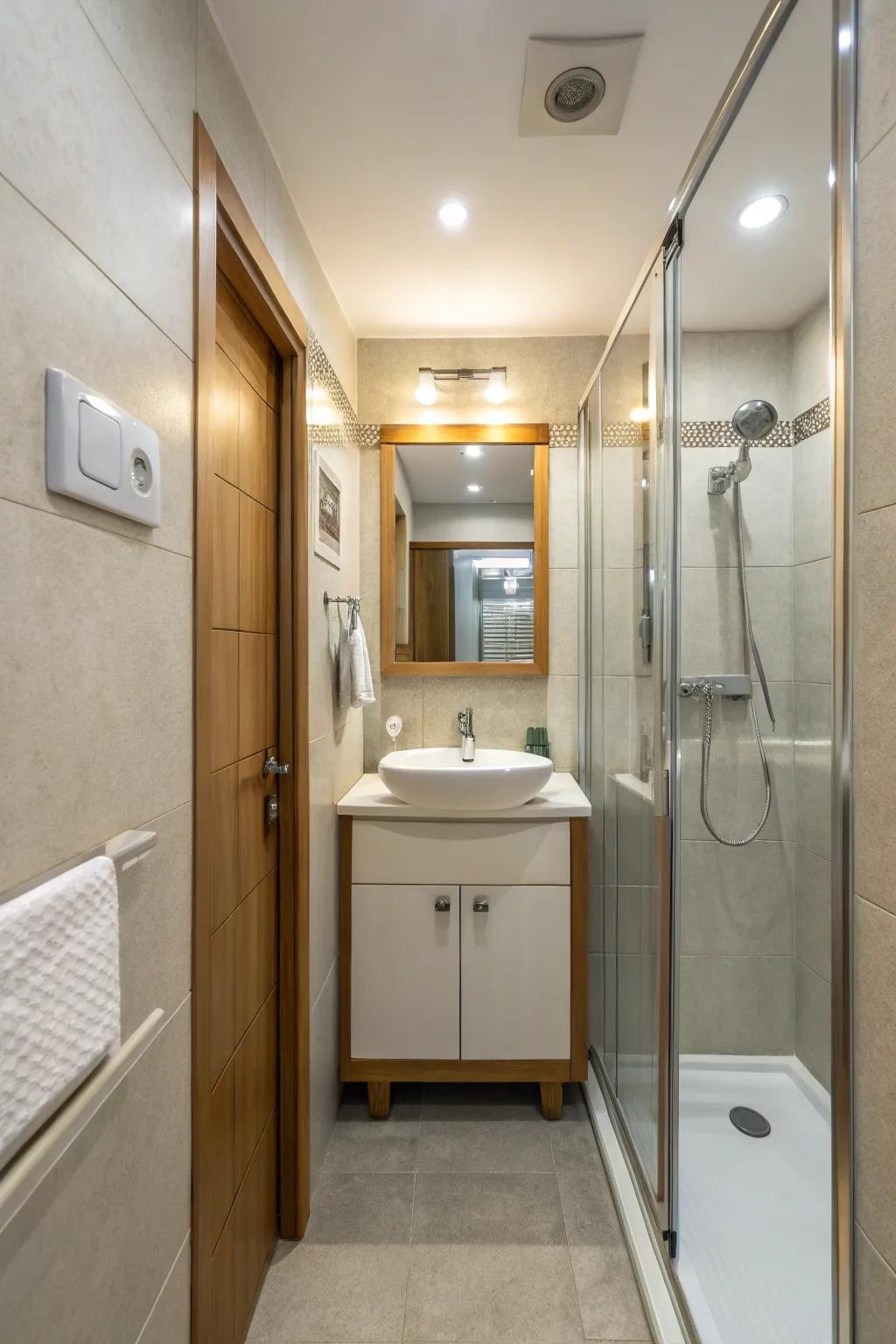 Strategic lighting enhances the atmosphere and clarity of confined bathrooms.