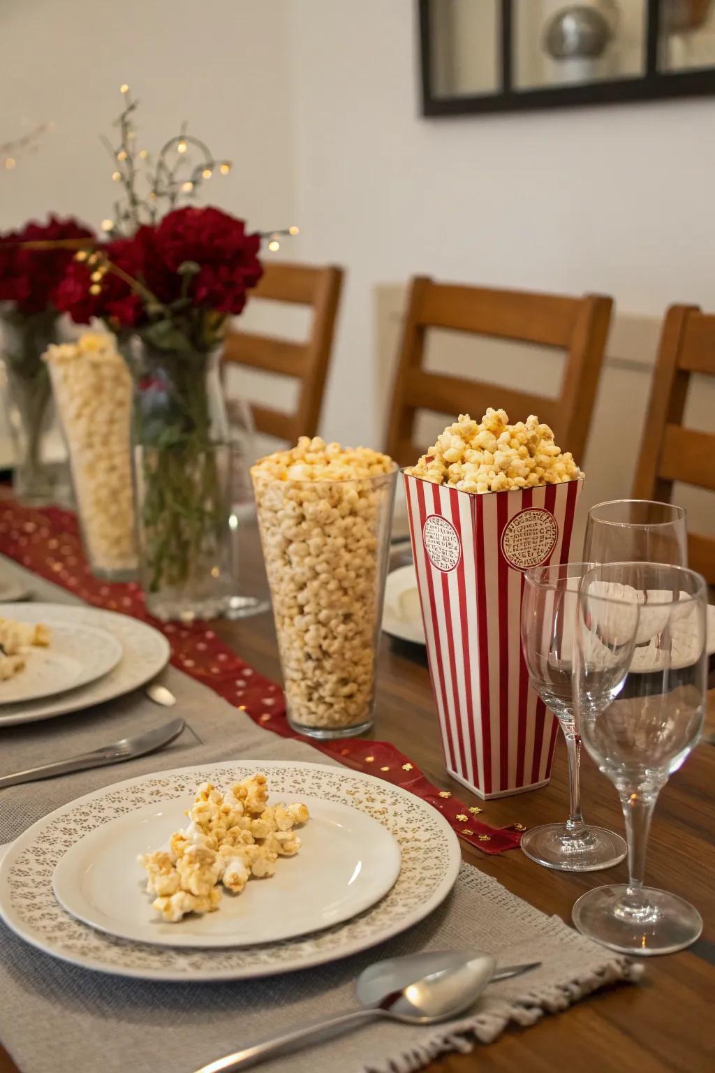 A stylish dining surface with creative popcorn-inspired layouts.