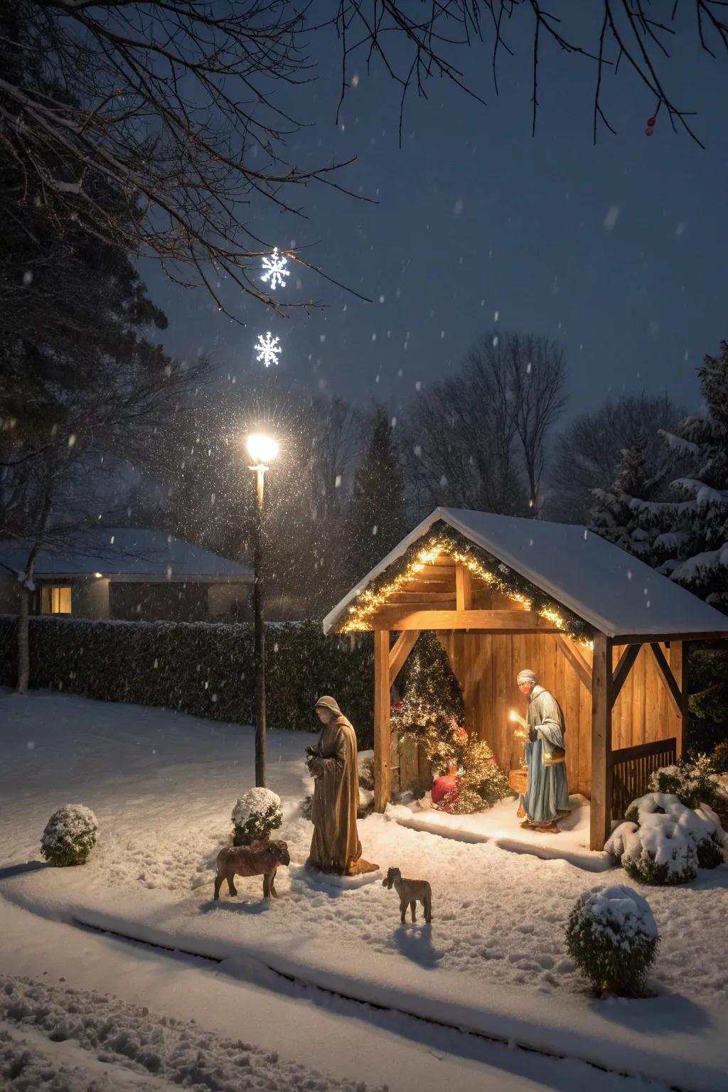 A glowing outdoor nativity scene welcomes holiday guests.