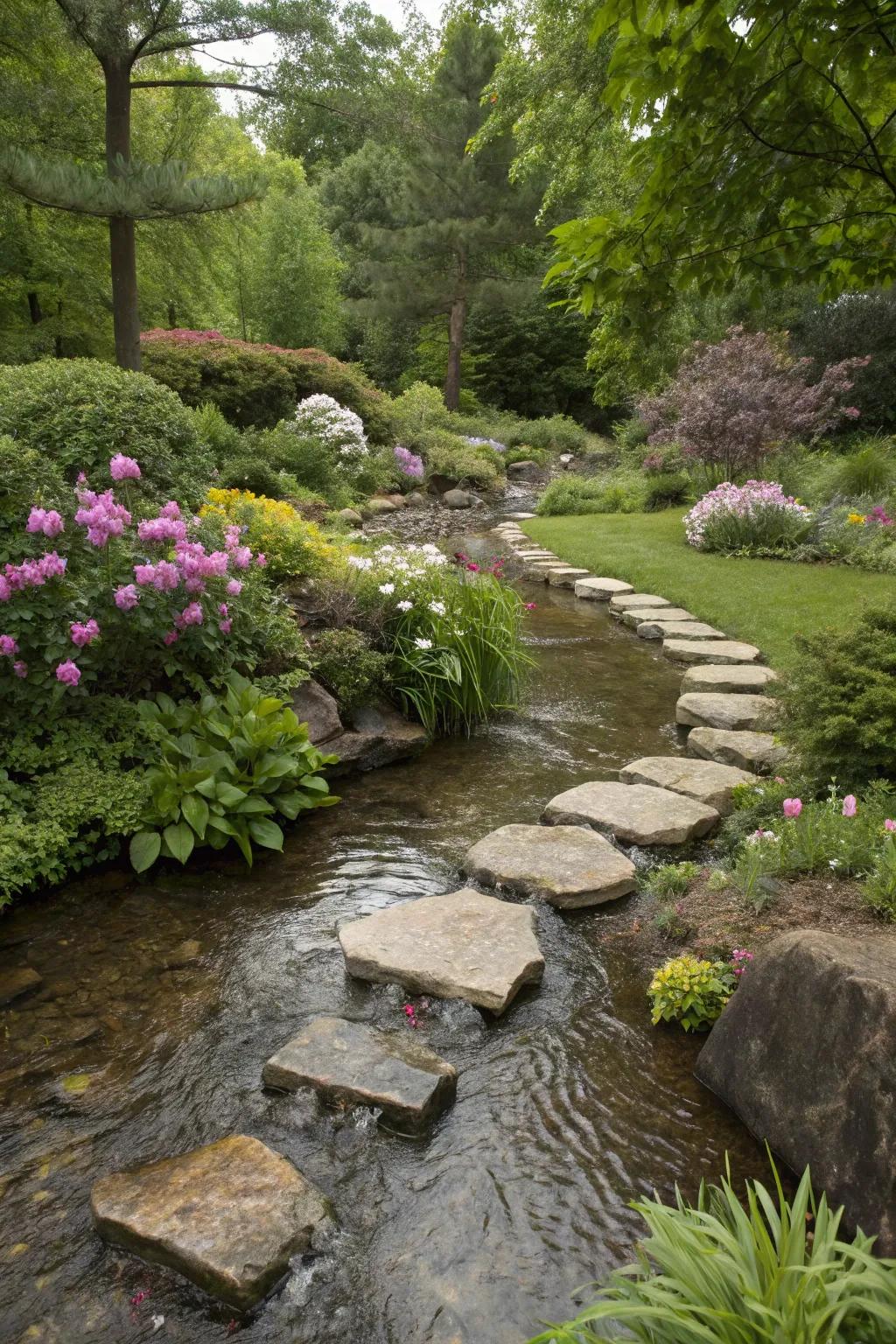Pavers adding charm to a garden stream.