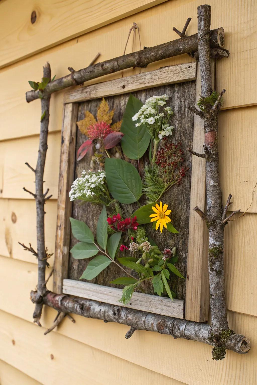 A rustic surround composition employing slender branches and bark.