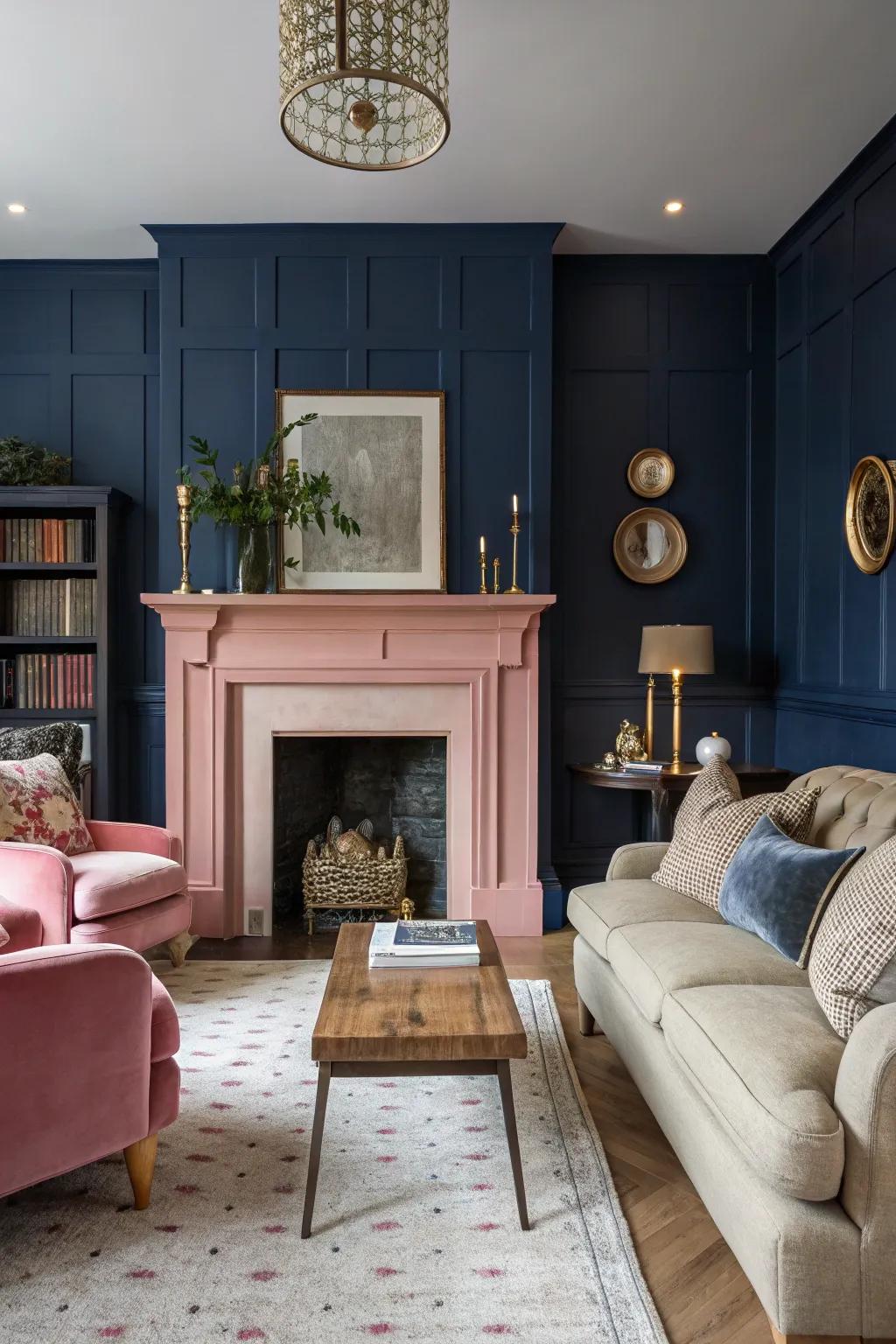 A rose fire surround serves as a bold point of interest within the lounge.