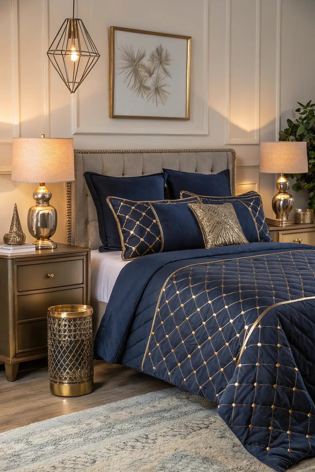 With metallic accents and dark blue bedding, you can add glamour.