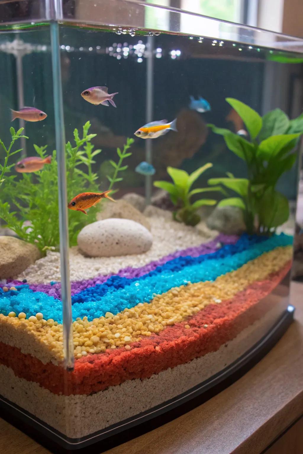 Stratified substrates contribute profundity and dimension to this vibrant aquarium.