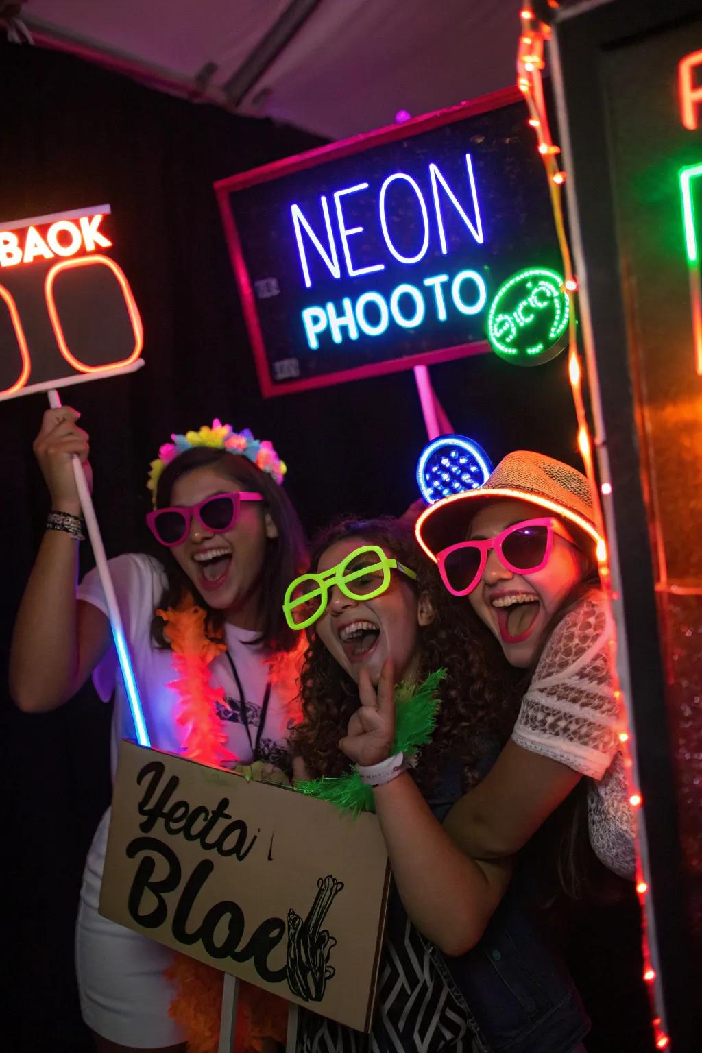 A neon snapshot booth showcasing radiant props, immortalizing frolicsome and spirited celebration instants.