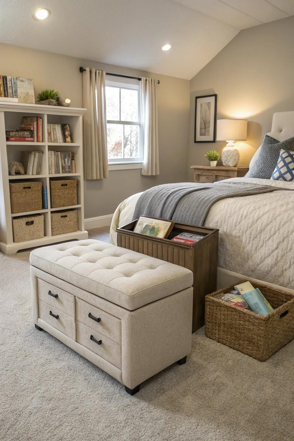 Multi functional furniture maximizes area and efficiency.