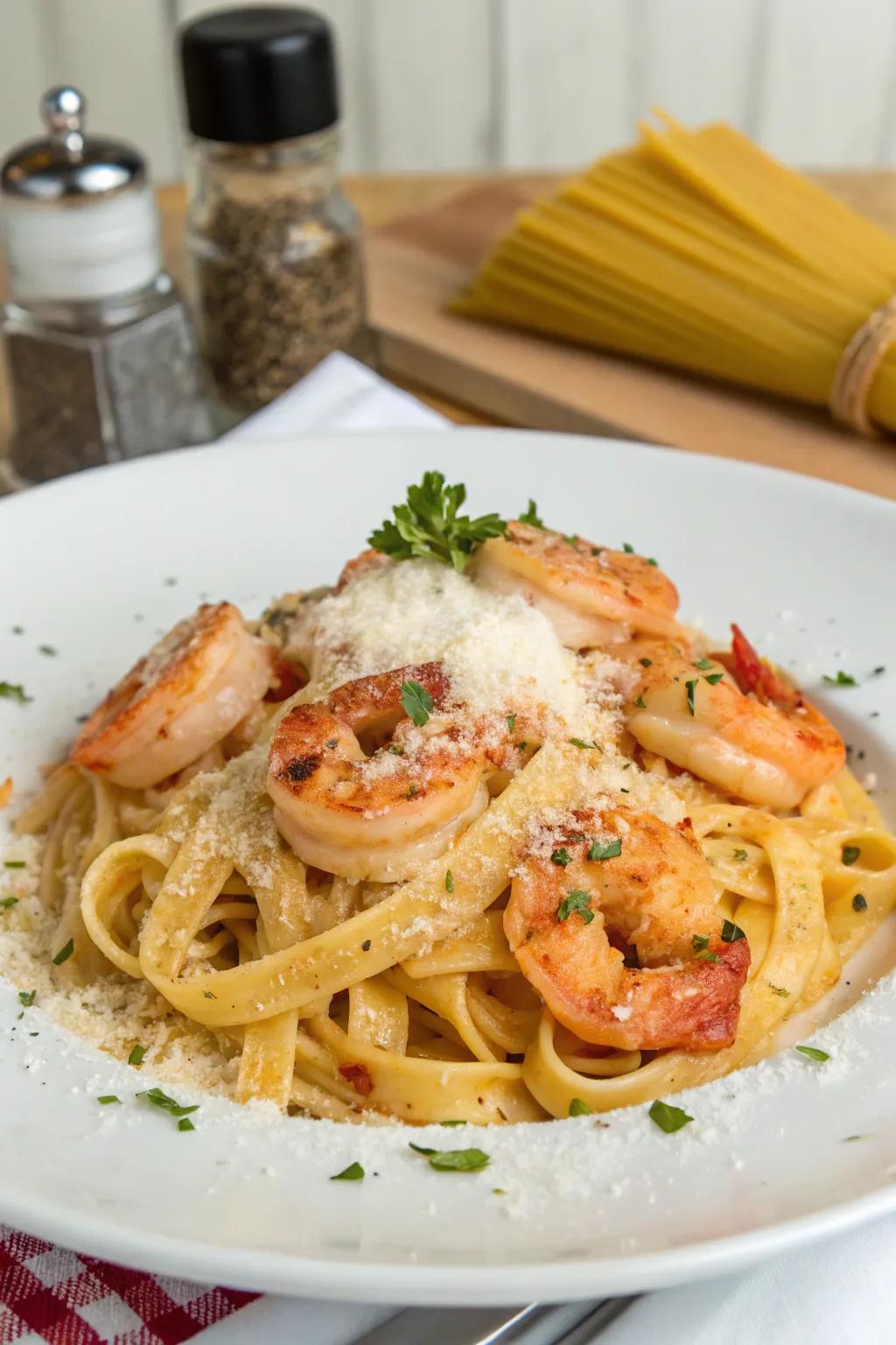 Hot shrimp fettuccine Alfredo, delivering a kick of flavor to your New Year's Day feast.