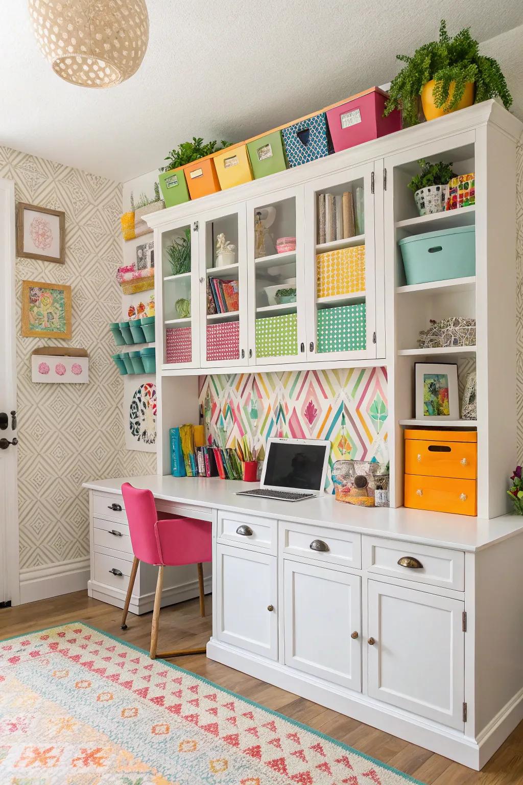 Invigorate your office by incorporating vibrantly colored cabinets.
