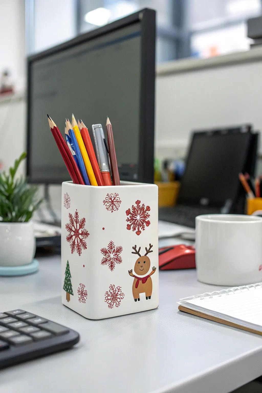 A celebratory quill repository imparts a personalized vestige of holiday essence.