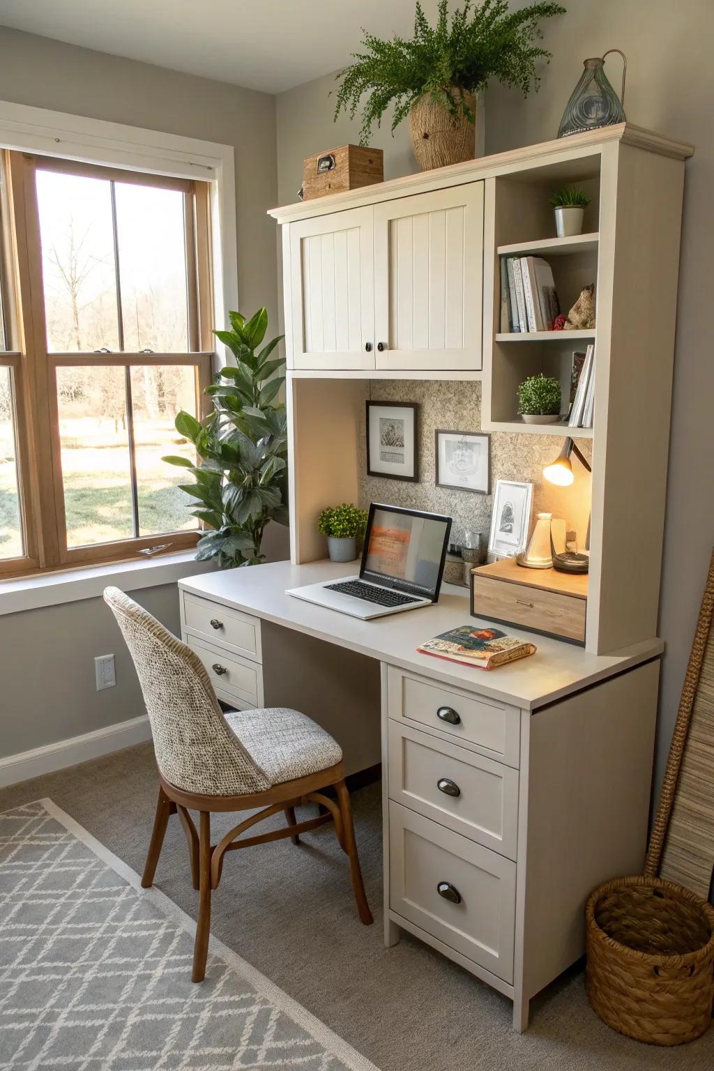Keep your workspace orderly through the use of concealed storage solutions.
