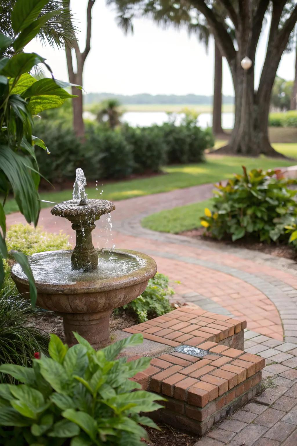 A water element contributes serenity to the patio setting