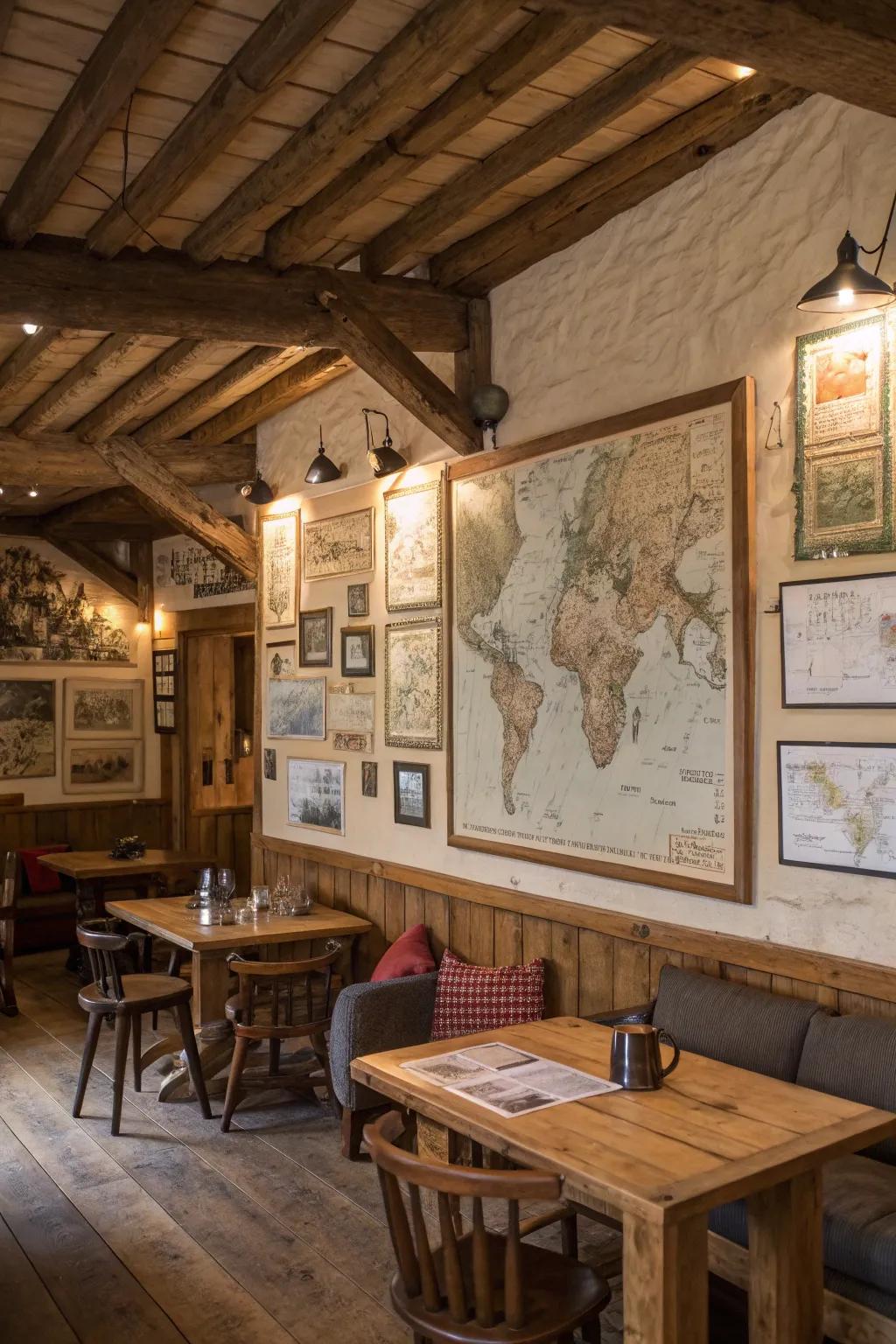 Lodge interior showcasing a feature wall decorated with vintage maps.