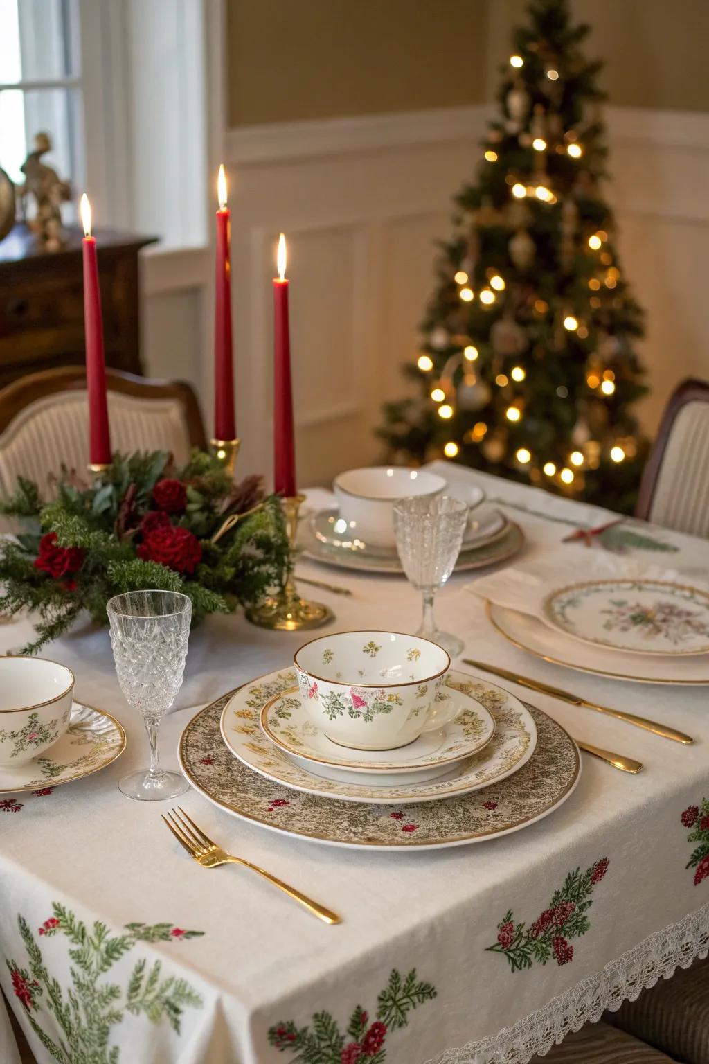 Aged porcelain and refined linens fashion an ageless table configuration.