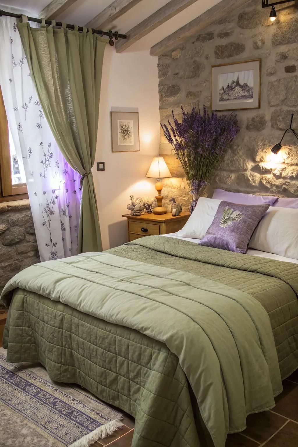 Lavender accents introduce a revitalizing twist to <strong><em>olive green bedding</em></strong>.” loading=”lazy” class=”pimg”>
	</picture><figcaption>Lavender accents introduce a revitalizing twist to <strong><em>olive green bedding</em></strong>.</figcaption></figure>
<p>For an unexpected flourish, introduce lavender accents into your olive green bedding arrangement. This unique pairing results in a distinctive and invigorating palette, admired by several of my patrons.</p>
<h3>Check these products out:</h3>
<ul class=