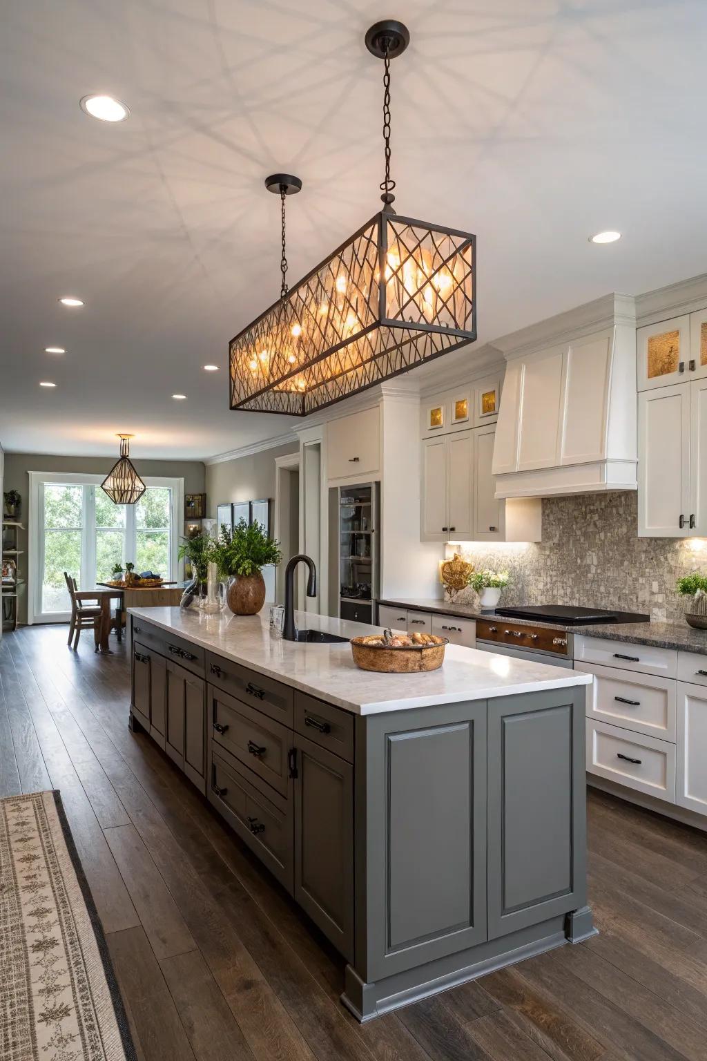 Striking lighting contributes style to a kitchen.