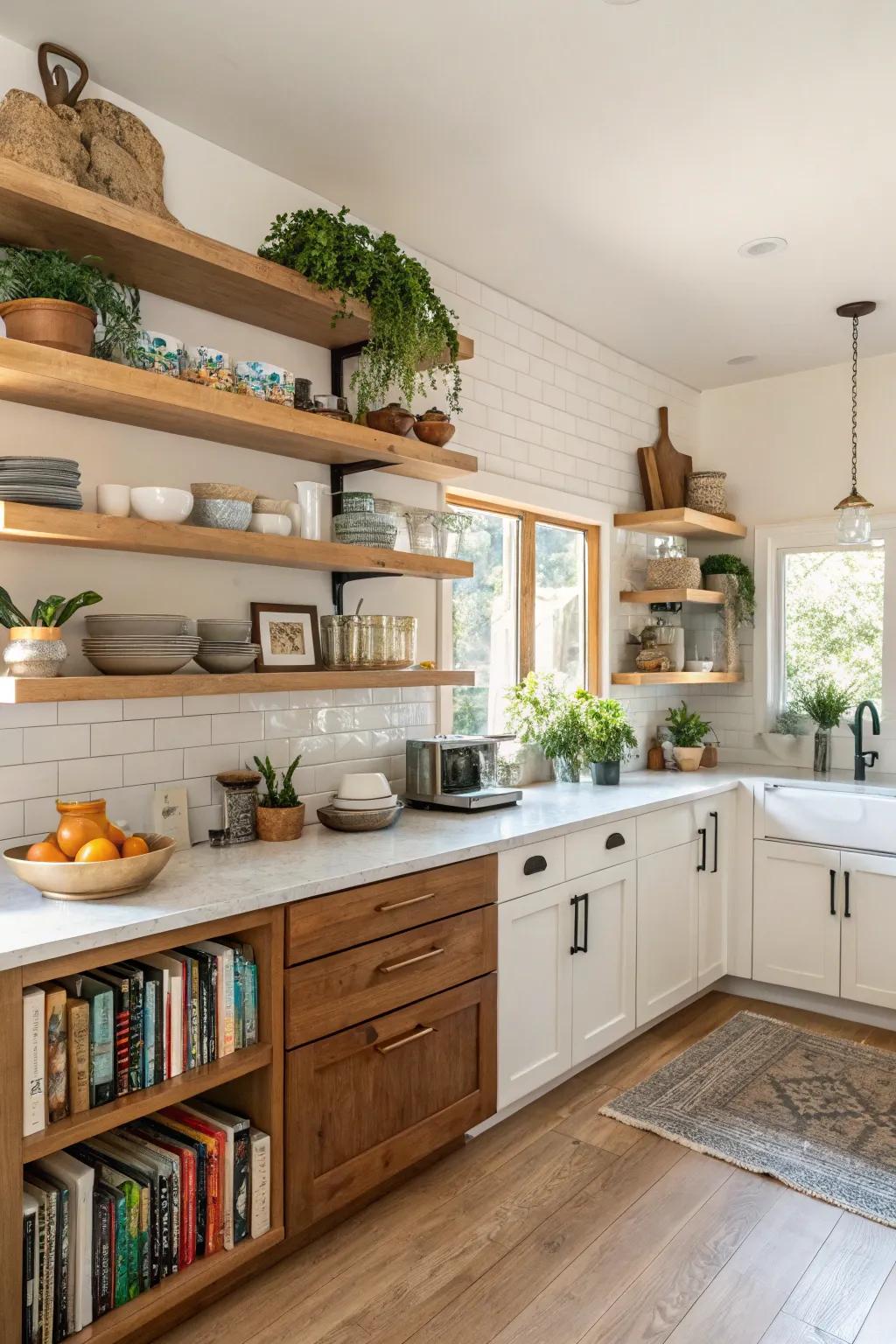 Open shelving offers a stylish means to display kitchen essentials.