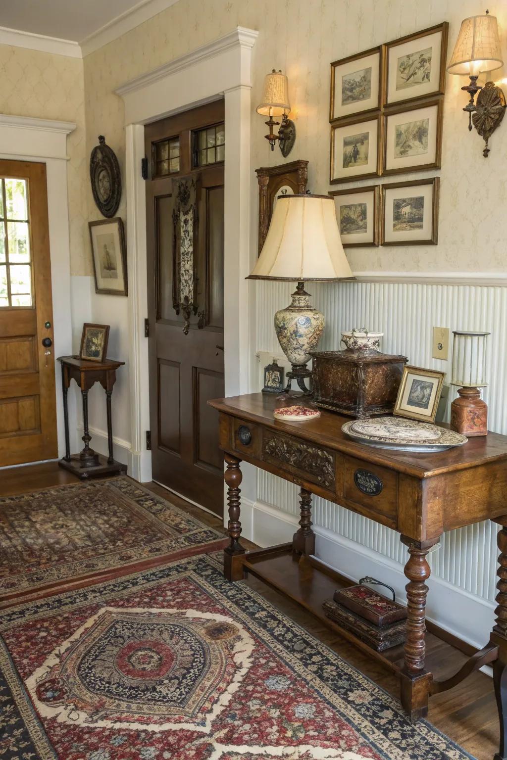 Vintage discoveries inside an entryway convey charm and a sense of antiquity.