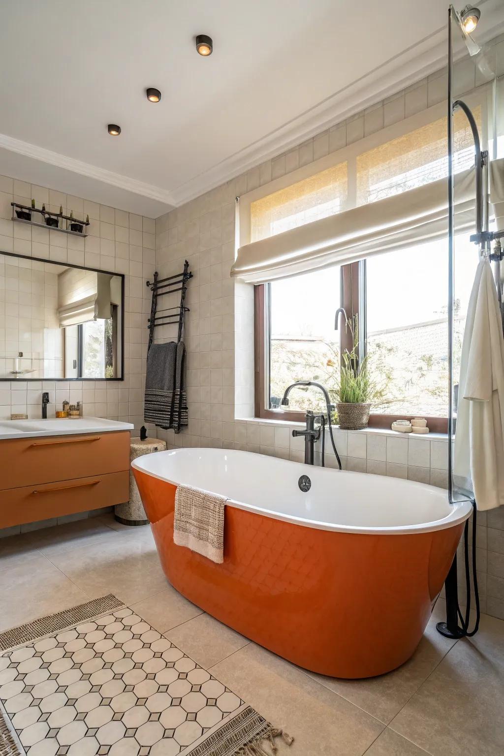 A freestanding orange bathtub serves as the centerpiece of the bathroom.