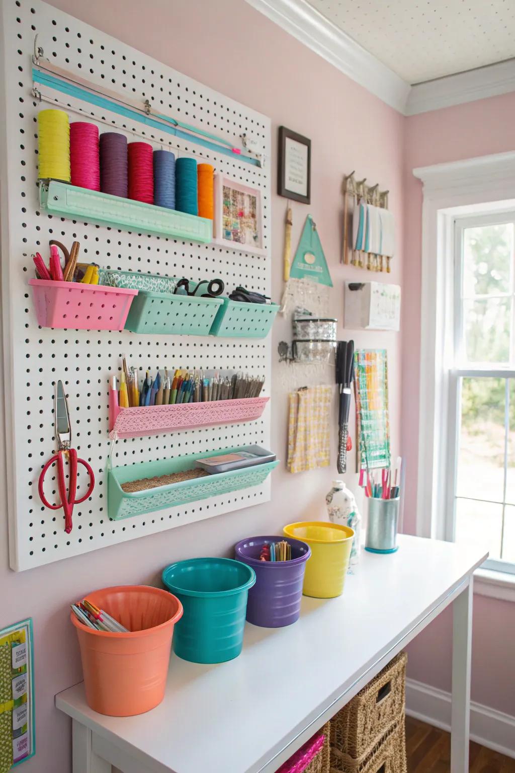 Pegboards present adaptable storage options.