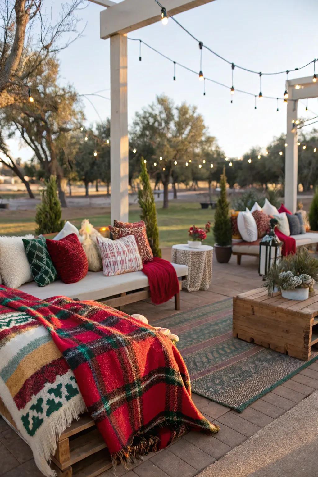 Concoct a snug alcove through festive exterior seating.