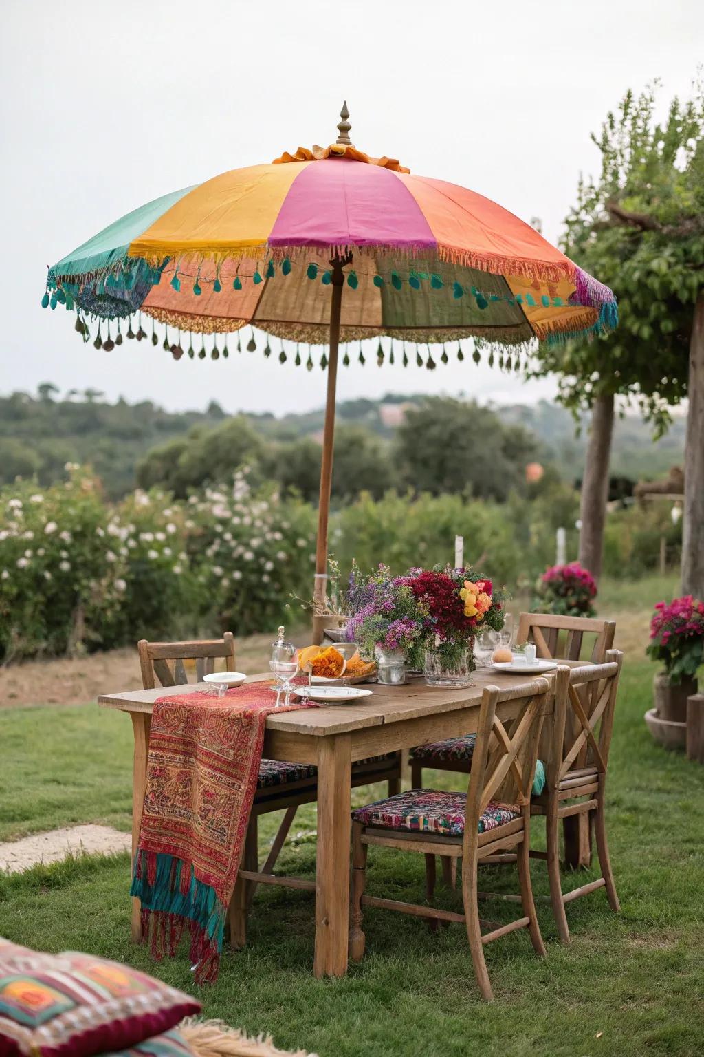 A chromatic parasol infusing enchantment into an alfresco feasting area.