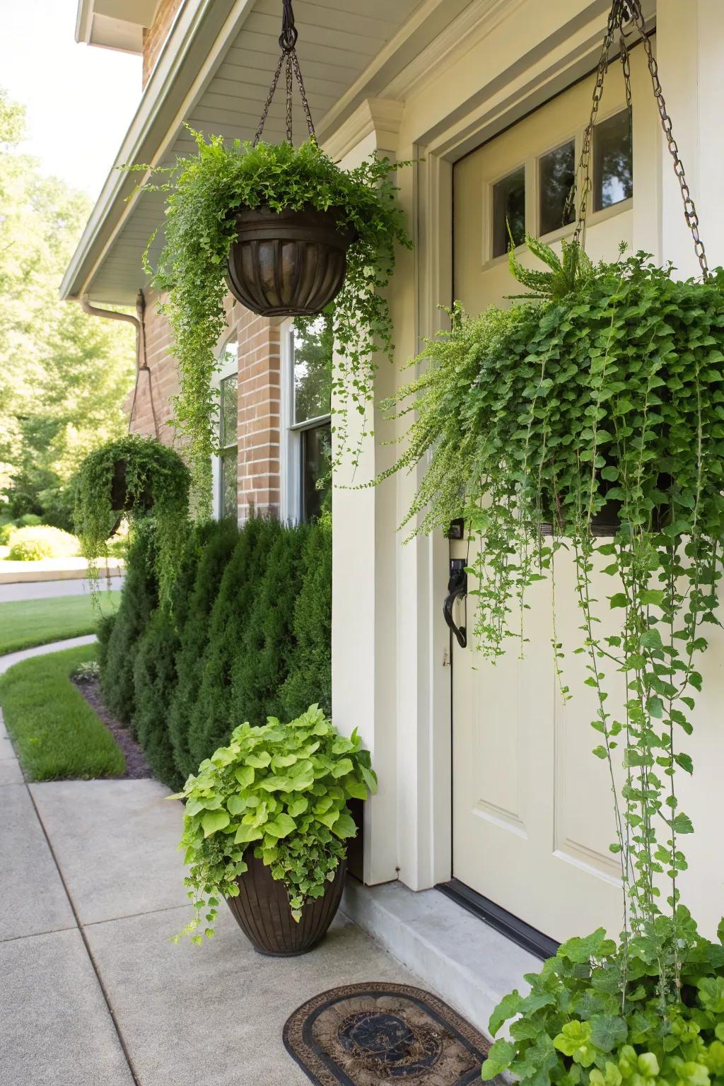 Suspension containers introduce verdure at disparate elevations, augmenting visual captivation.