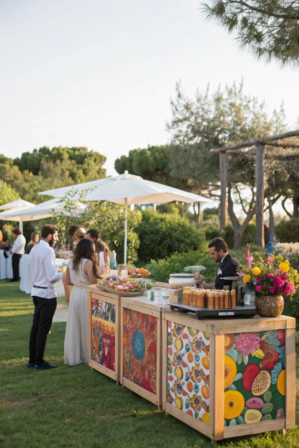 Interactive food stands encourage mingling and enjoyment.