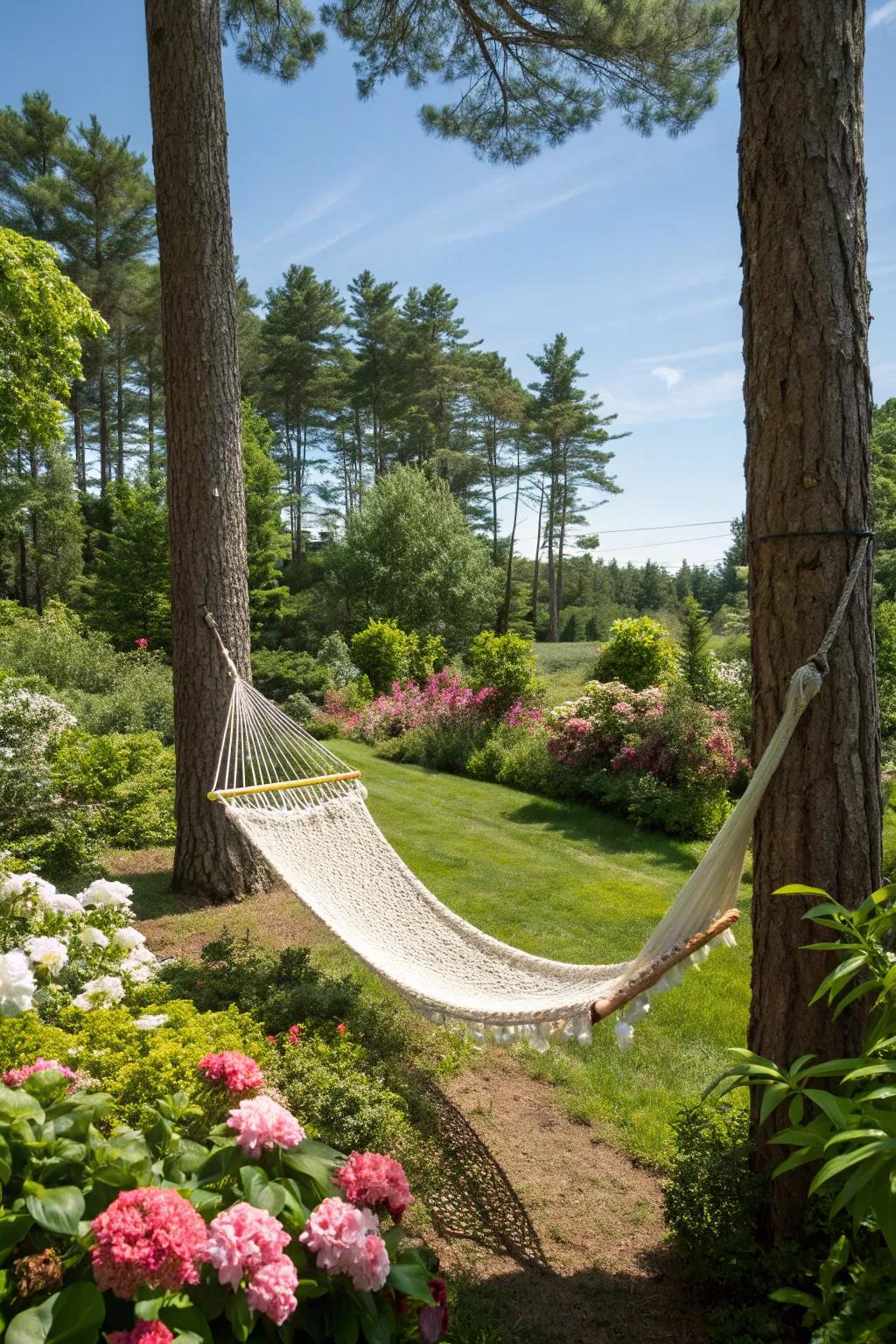A dangling recliner proffers the quintessential locale for unwinding al fresco.