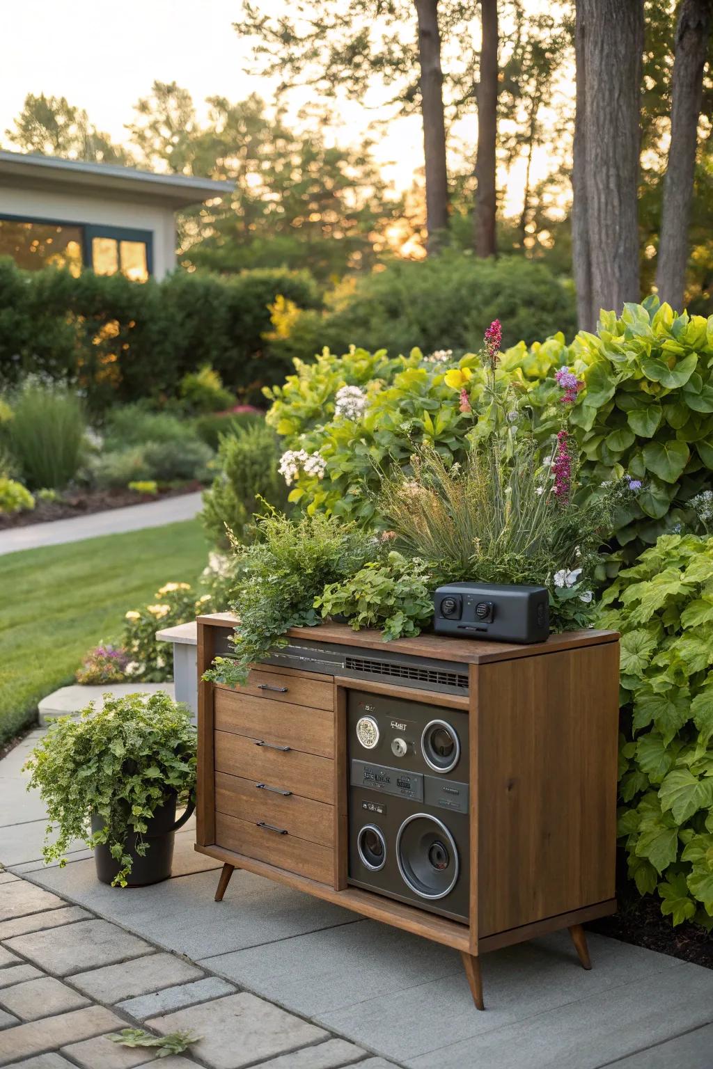 Botanical display disguises adeptly conceal audio equipment within garden embellishments.