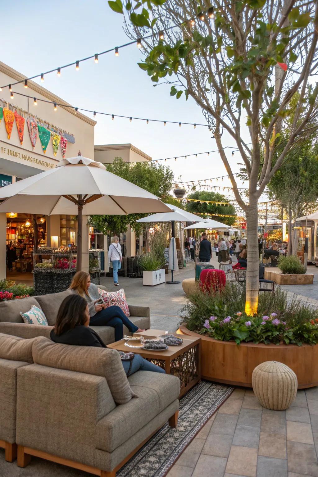 Comfortable external relaxation zones conceived for both unwinding and prolonged store visits.