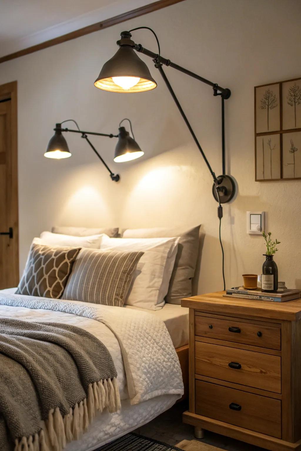 Swing arm fixtures for adaptable reading light.