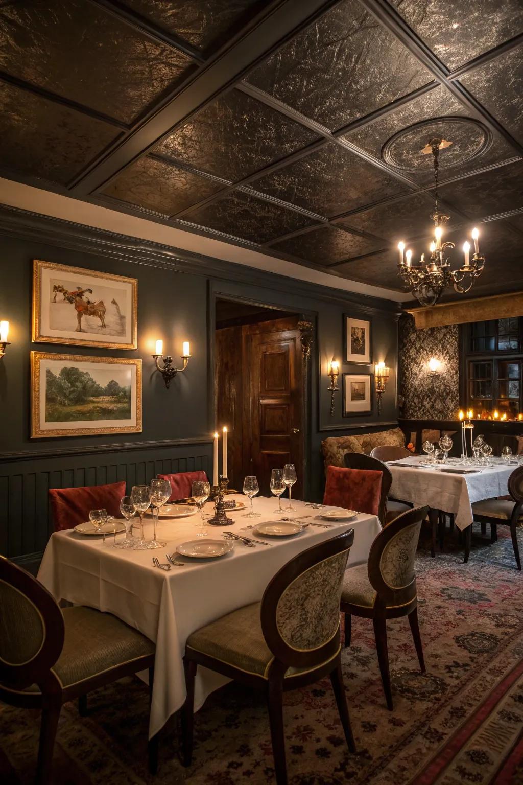Dim ceilings deliver a snug and inviting dining atmosphere.