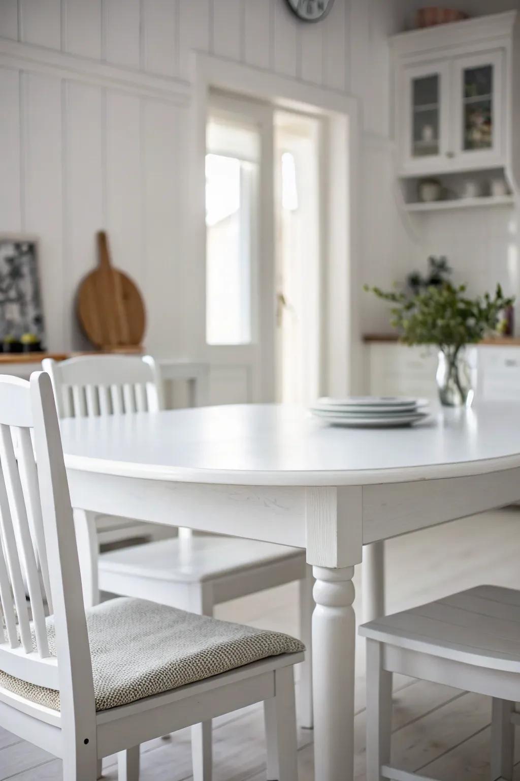 A monochromatic theme, highlighted by an all-white table, brings magic to your dining area.