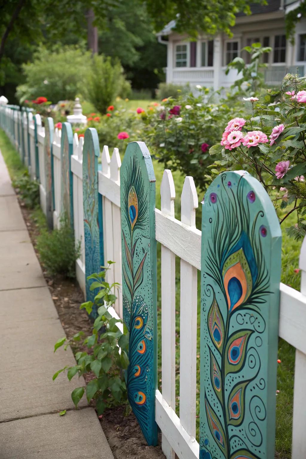 A picket fence adorned with vibrant peacock plume patterns.