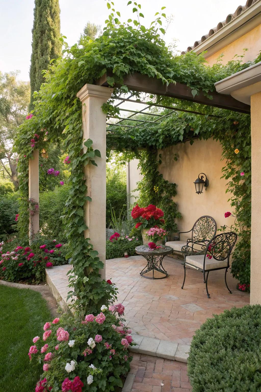 A covered walkway introduces structure and shade to a small patio.