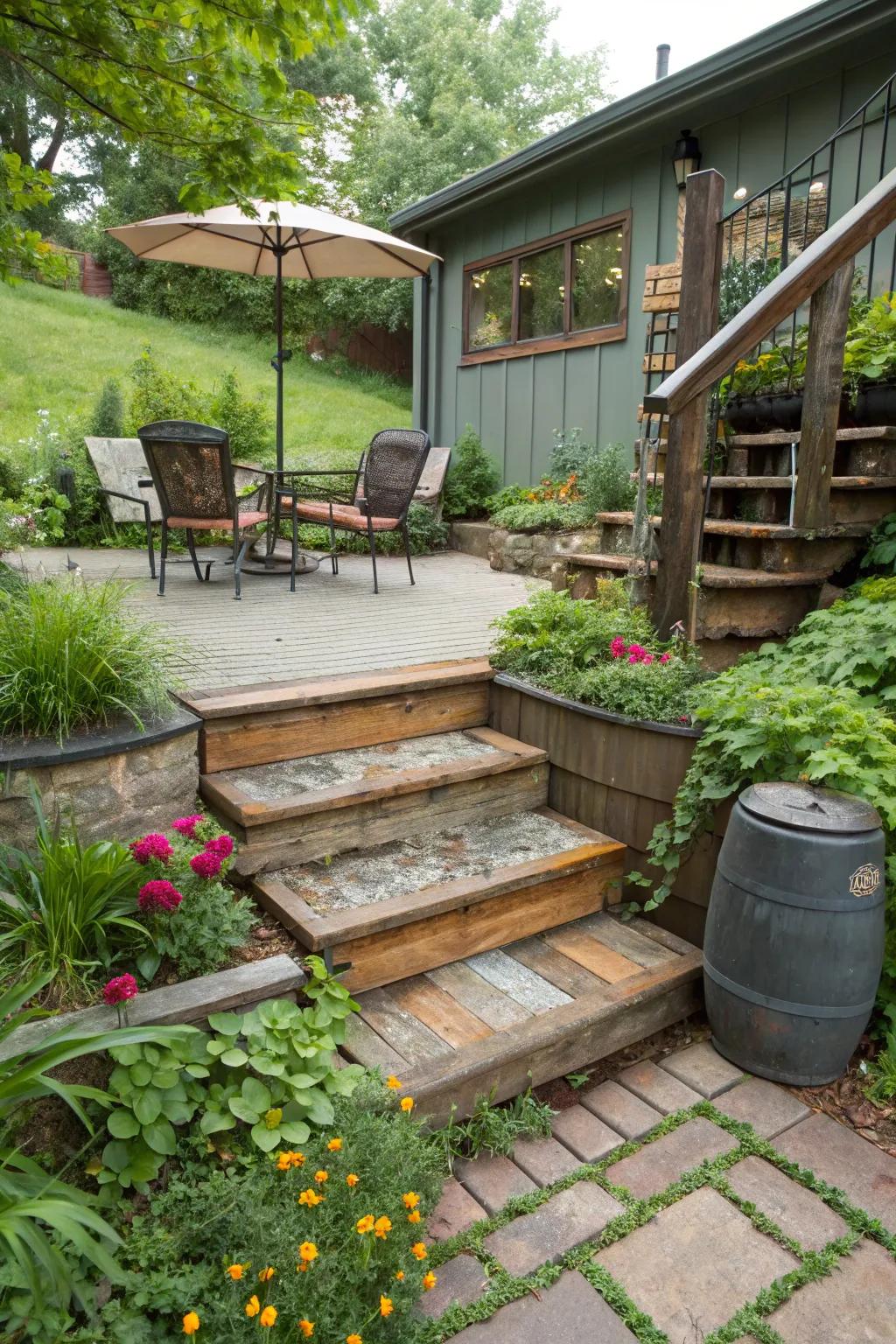 Recycled resources for sustainable patio steps.